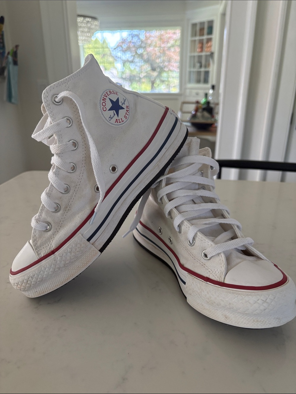Converse Kid’s Platform White High Top Sneakers with Red & Navy Stripe